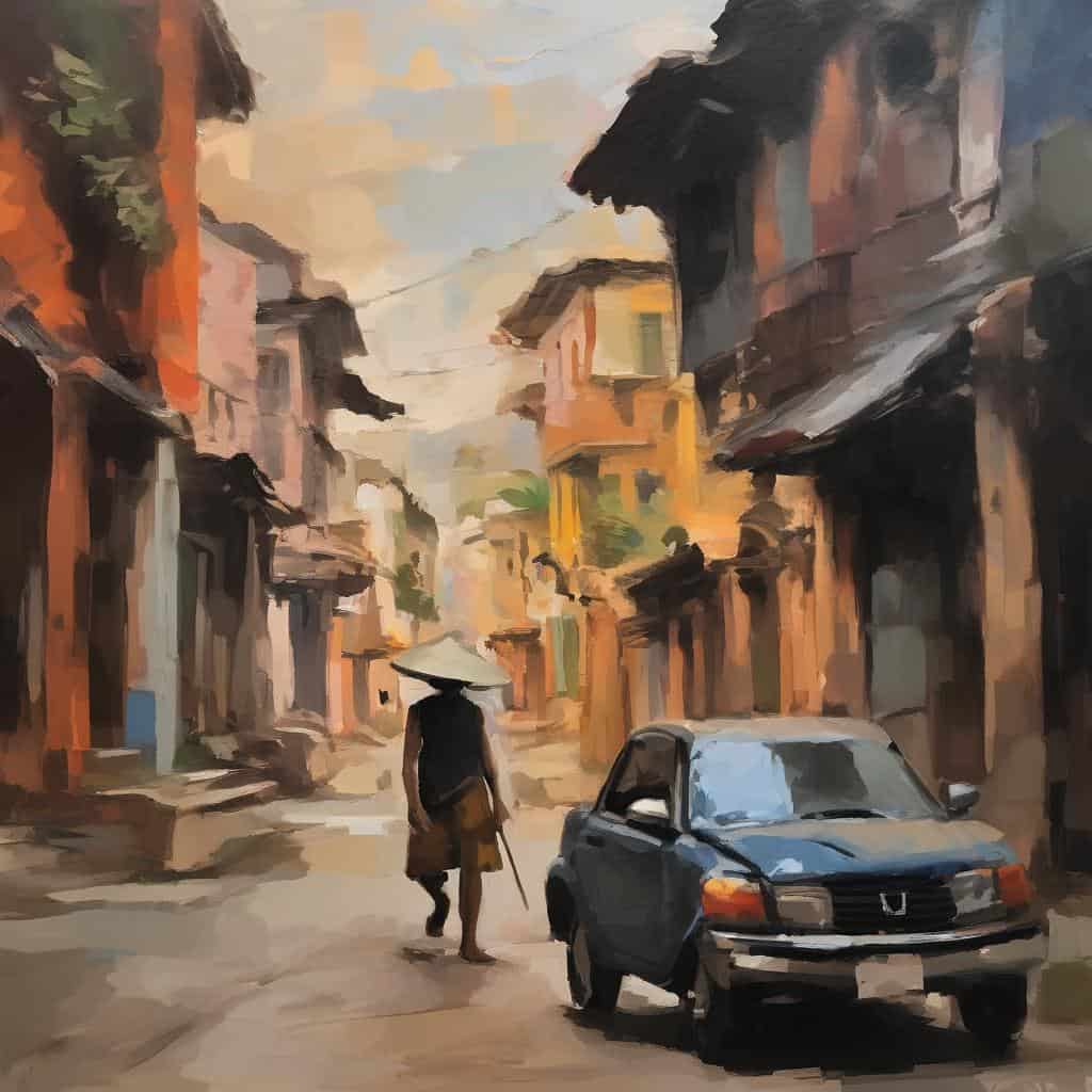 Παραδοσιακός δρόμος με πεζό, μοτοσικλέτα, πολύχρωμα κτίρια, δημιουργική τέχνη σε ζωγραφική.