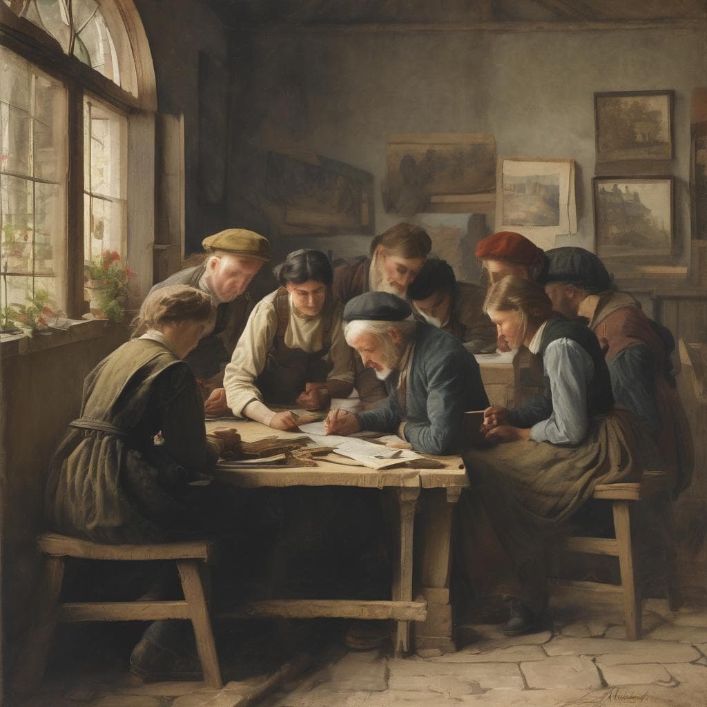 Συλλογή ανθρώπων σε δημιουργική συνεδρία σε εσωτερικό χώρο με φυσικό φως και έργα τέχνης στον τοίχο.