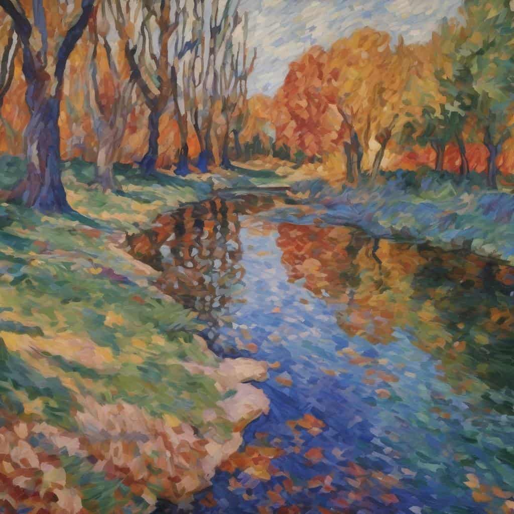 Ουλίστικο τοπίο με ποτάμι και δέντρα σε φθινοπωρινά χρώματα, εκφράζοντας διαλογιστική δημιουργική διαδικασία.