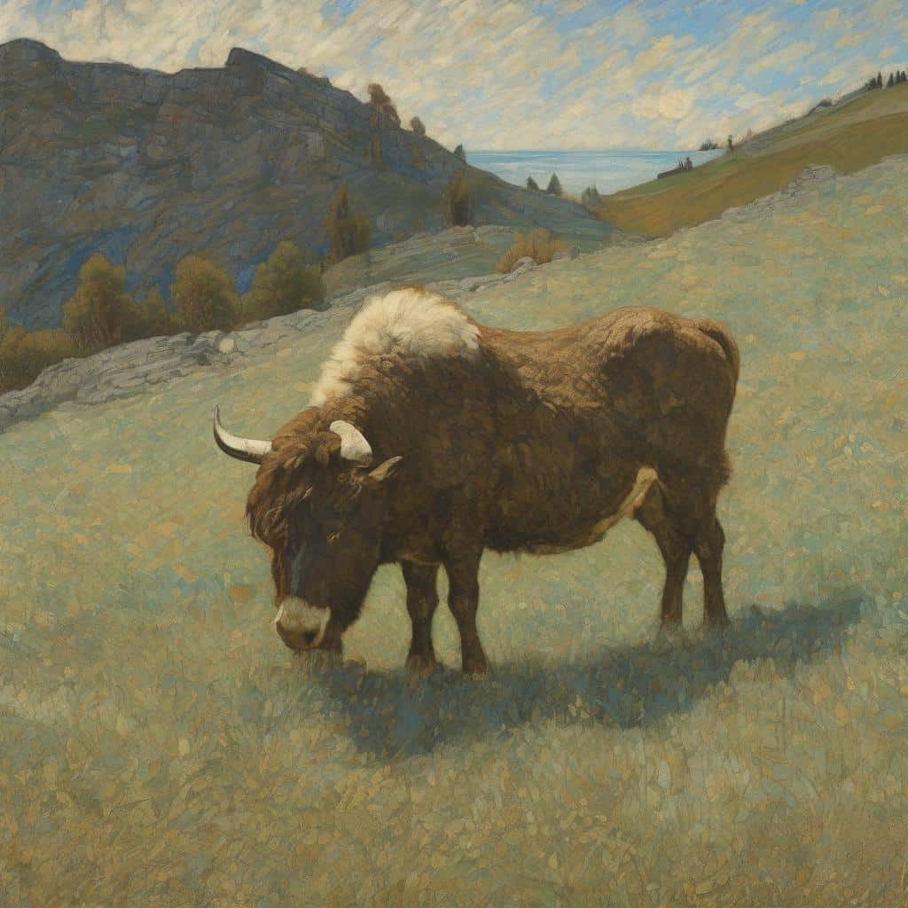 Φωτογραφία βουβάλι σε ορεινή φύση, συμβολίζει τη δημιουργική διαδικασία και διαλογισμό.