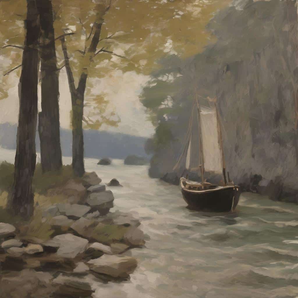 Αντικένικο καλλιτεχνικό έργο με πλοίο σε ήρεμο ποτάμι στη φύση, εμπνευσμένο από διαλογιστική διαδικασία δημιουργίας.