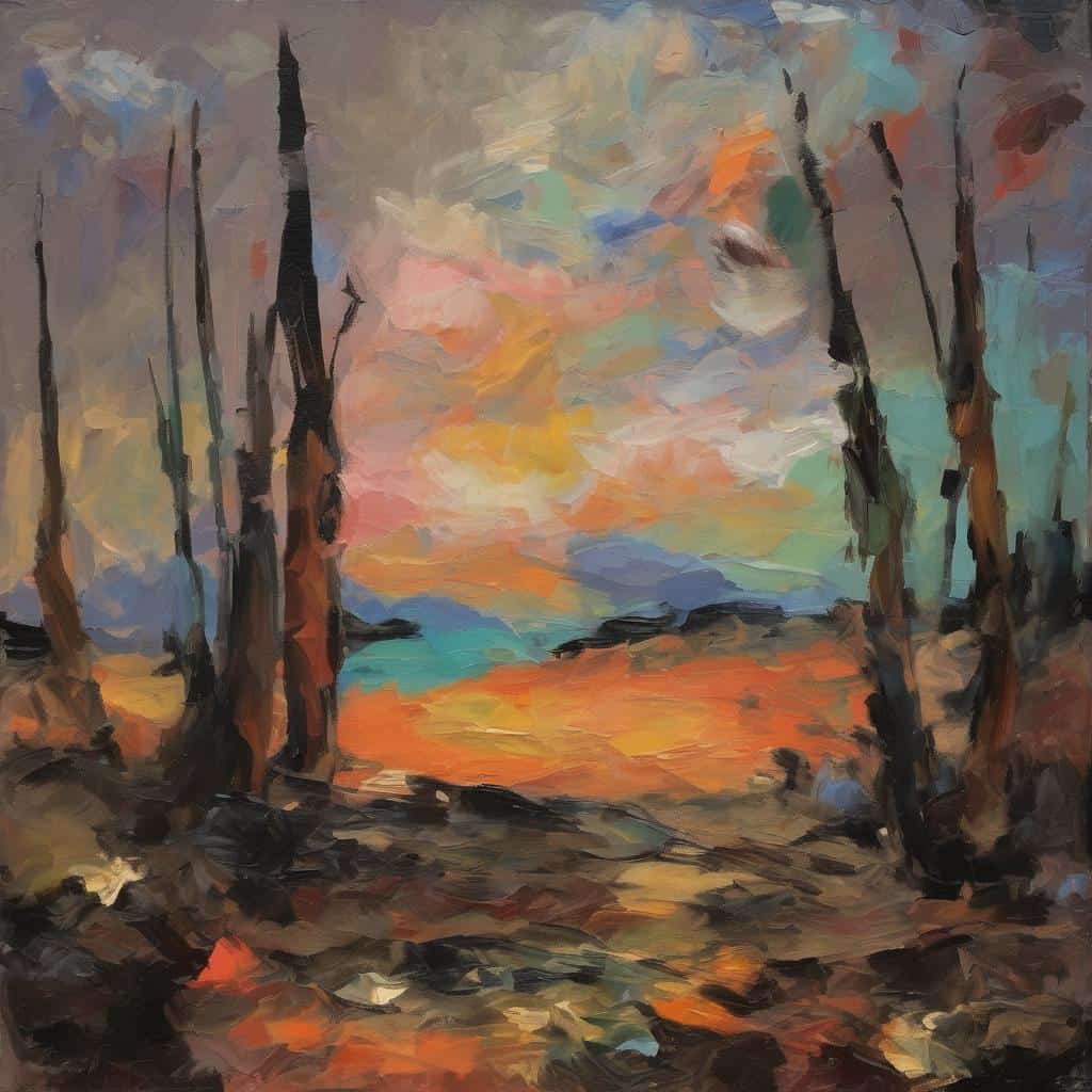 Ζωγραφική τοπίο με αφαιρετικά στοιχεία, ζεστά και κρύα χρώματα, δημιουργική διαδικασία διαλογισμού και τέχνης.