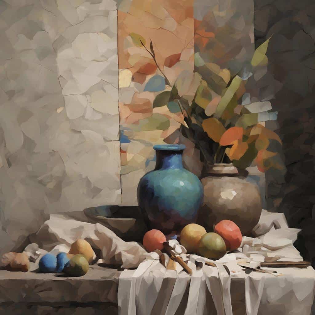 Παραδοσιακή εικόνα με γλάστρες και φρούτα σε διαλογιστική δημιουργική διαδικασία.