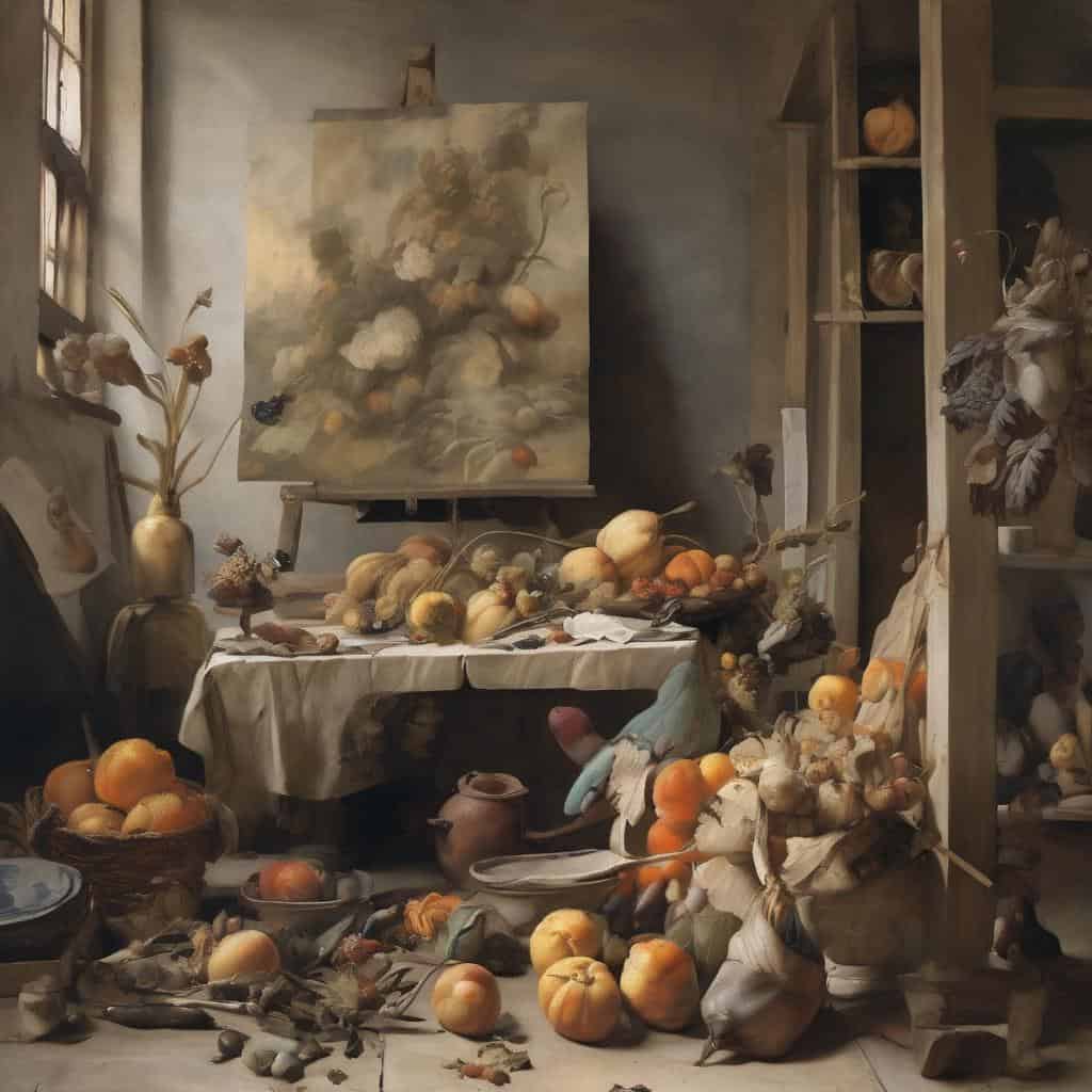 Φωτογραφία σε παλαιό εργαστήριο τέχνης με φρούτα και αντικείμενα, αντικατοπτρίζει δημιουργικότητα και διαλογισμό στη διαδικασία της δημιουργίας.